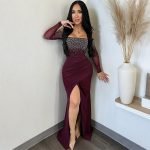 Solid Color Long Dress with High Slit and Rhinestone Embellished Strapless Design for Women - Image 2