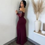 Solid Color Long Dress with High Slit and Rhinestone Embellished Strapless Design for Women - Image 3