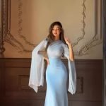 Summer Stitching Glass Yarn Large Swing Sleeve Length Satin Slim Fit Dress - Image 3