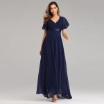 Elegant V-Neck Flared Sleeve Chiffon Maxi Dress For Women - Stretchy A-Line Party Evening Gown With Handmade Pleats - Image 2